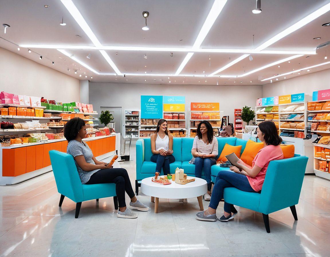 An inviting and serene shopping scene featuring a diverse group of happy shoppers inside a bright, modern store. Crisp product displays with vibrant colors, smiling staff offering assistance, and a cozy seating area for relaxation. Soft lights create a warm atmosphere, reflecting a sense of satisfaction and joy in every transaction. super-realistic. vibrant colors. modern design.