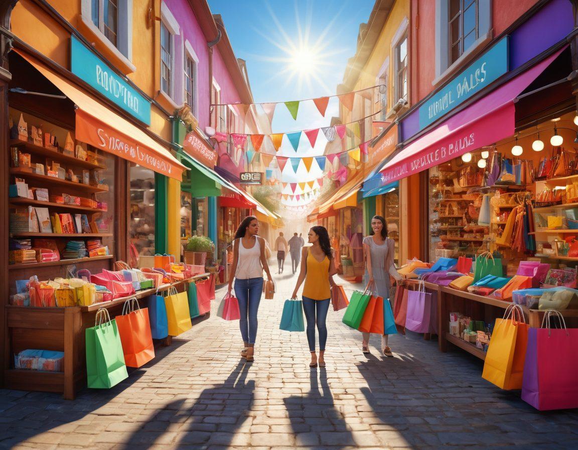 A vibrant marketplace scene filled with ecstatic shoppers of diverse backgrounds, holding colorful shopping bags and experiencing joy. The background features colorful store signs and artfully arranged merchandise. A friendly shopkeeper is assisting a customer, creating an inviting atmosphere. Bright sunlight illuminates the scene, enhancing the lively mood. super-realistic, vibrant colors, 3D.