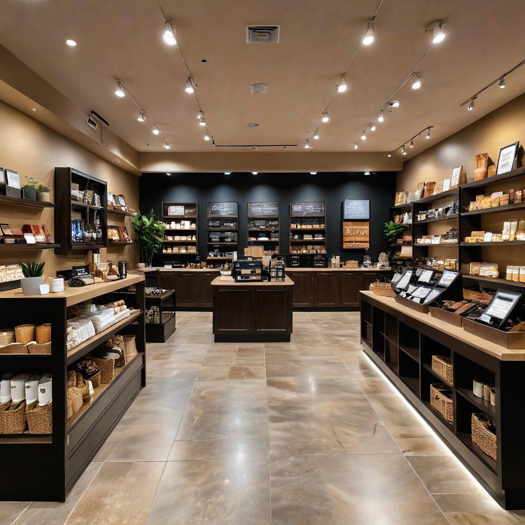 A warm and inviting retail space filled with happy customers, showcasing beautifully arranged products and friendly staff assisting with selections. Soft, ambient lighting enhances the atmosphere, with decorative elements that suggest joy and satisfaction. Add elements like a checkout area that exudes friendliness and a coffee corner to evoke comfort. super-realistic. vibrant colors. warm tones.